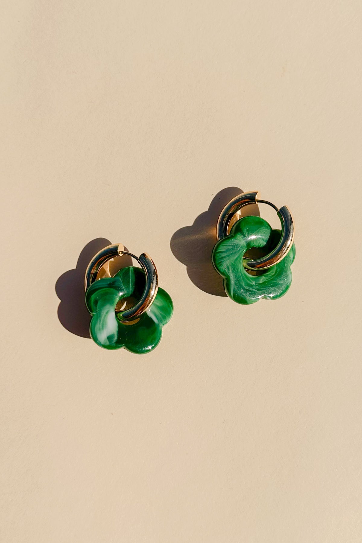 Gold Flower Hoop Earrings in Emerald