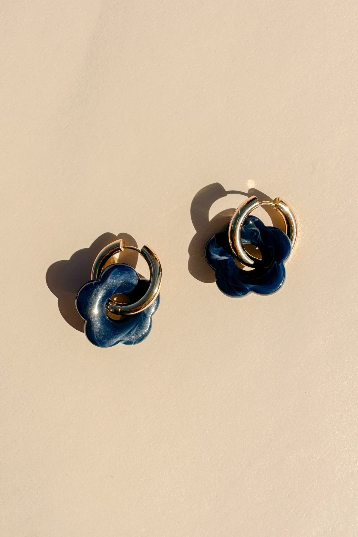 Gold Flower Hoop Earrings in Indigo