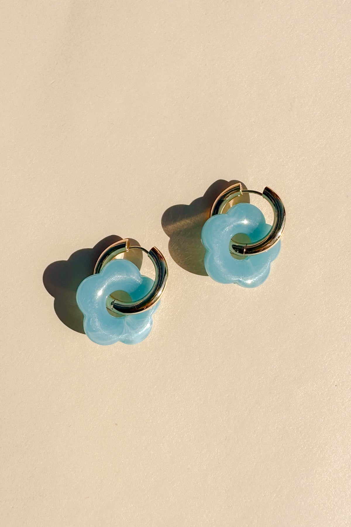 Gold Flower Hoop Earrings in Baby Blue