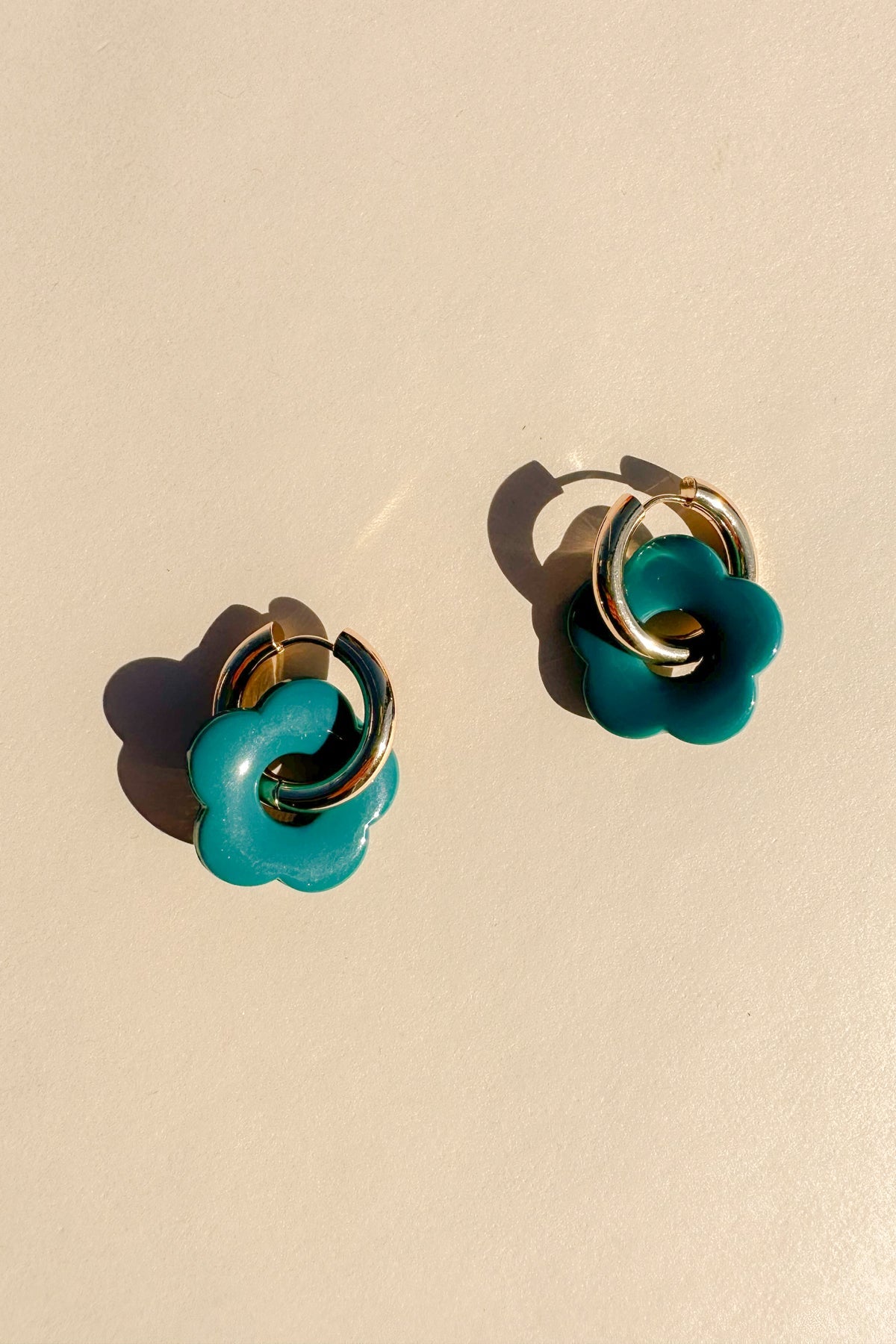 Gold Flower Hoop Earrings in Teal