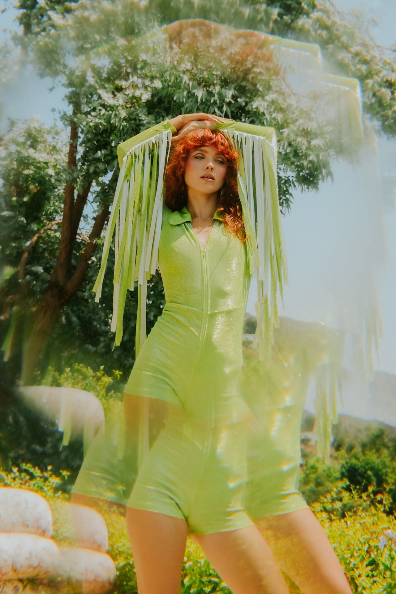 Glitter Fringe Romper in Green
