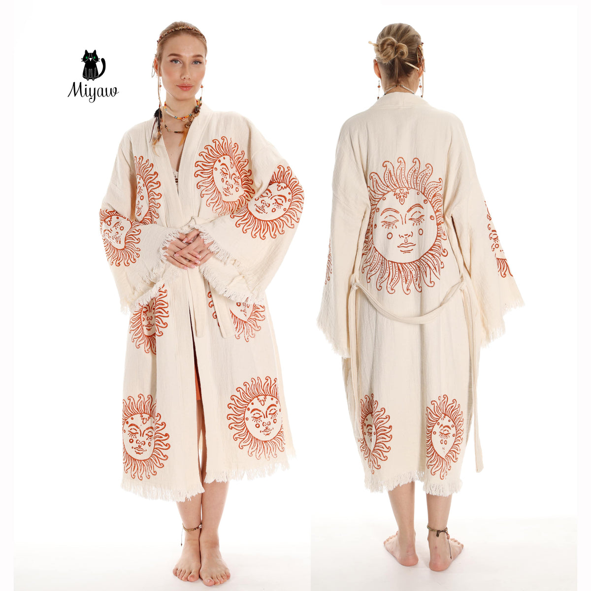Sun-Stamped Cotton Kimono Robe - Swim Cover Up