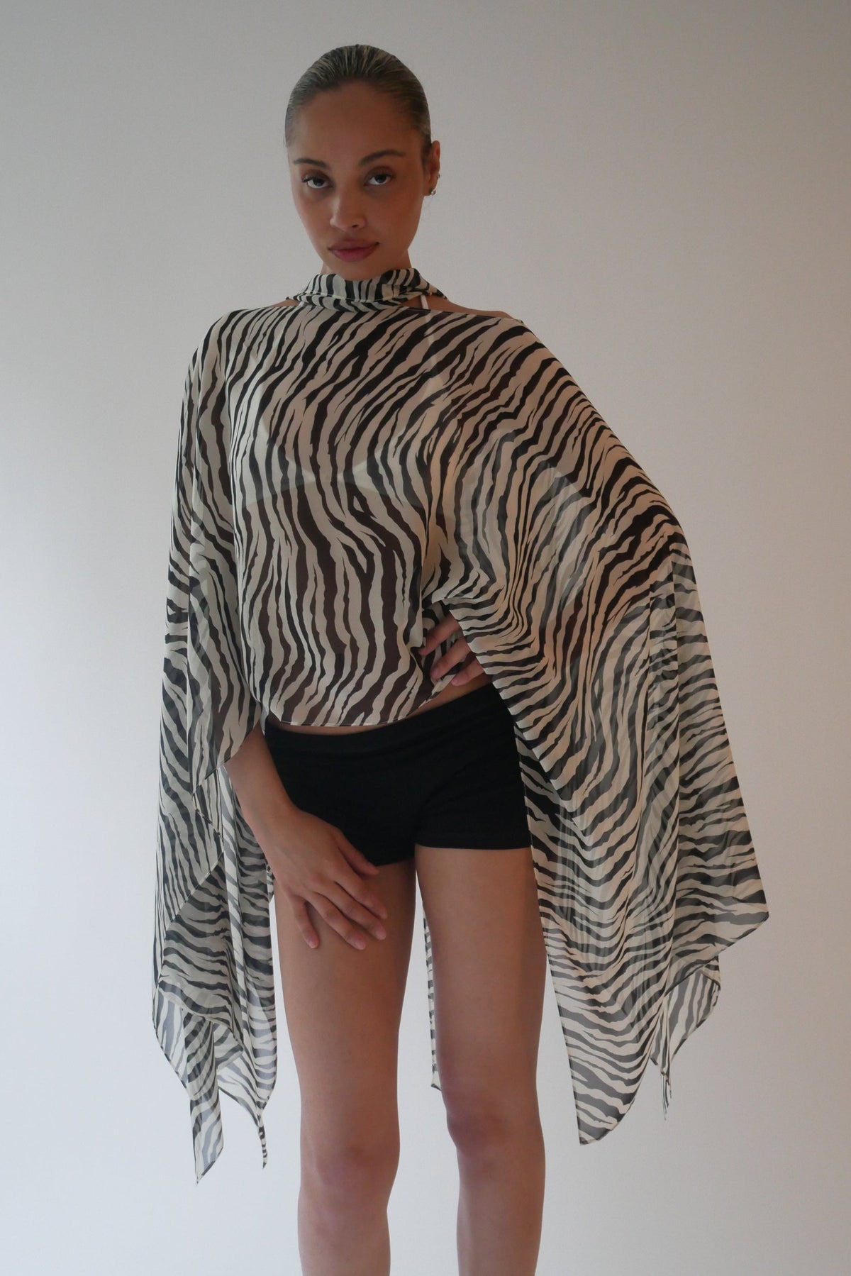 Silk Smoke Caftan Sheer Zebra Print Top with Scarves