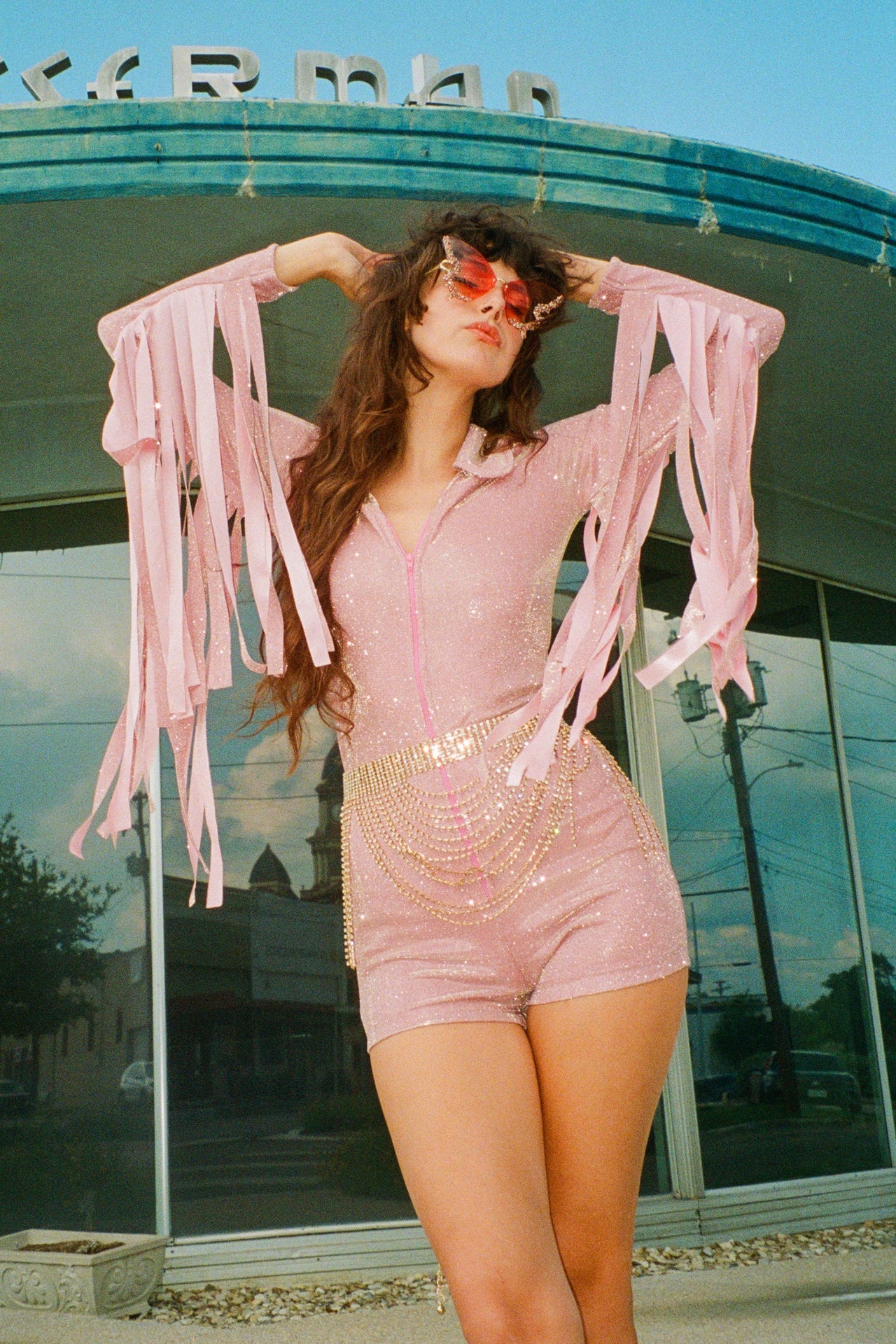 Glitter Fringe Romper in Dusty Rose