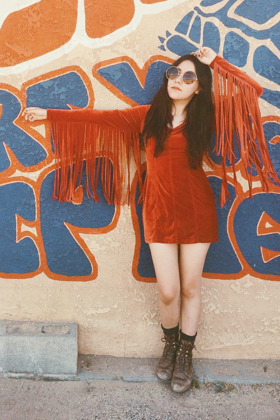 Heartbreaker Fringe Velvet Dress in Rust